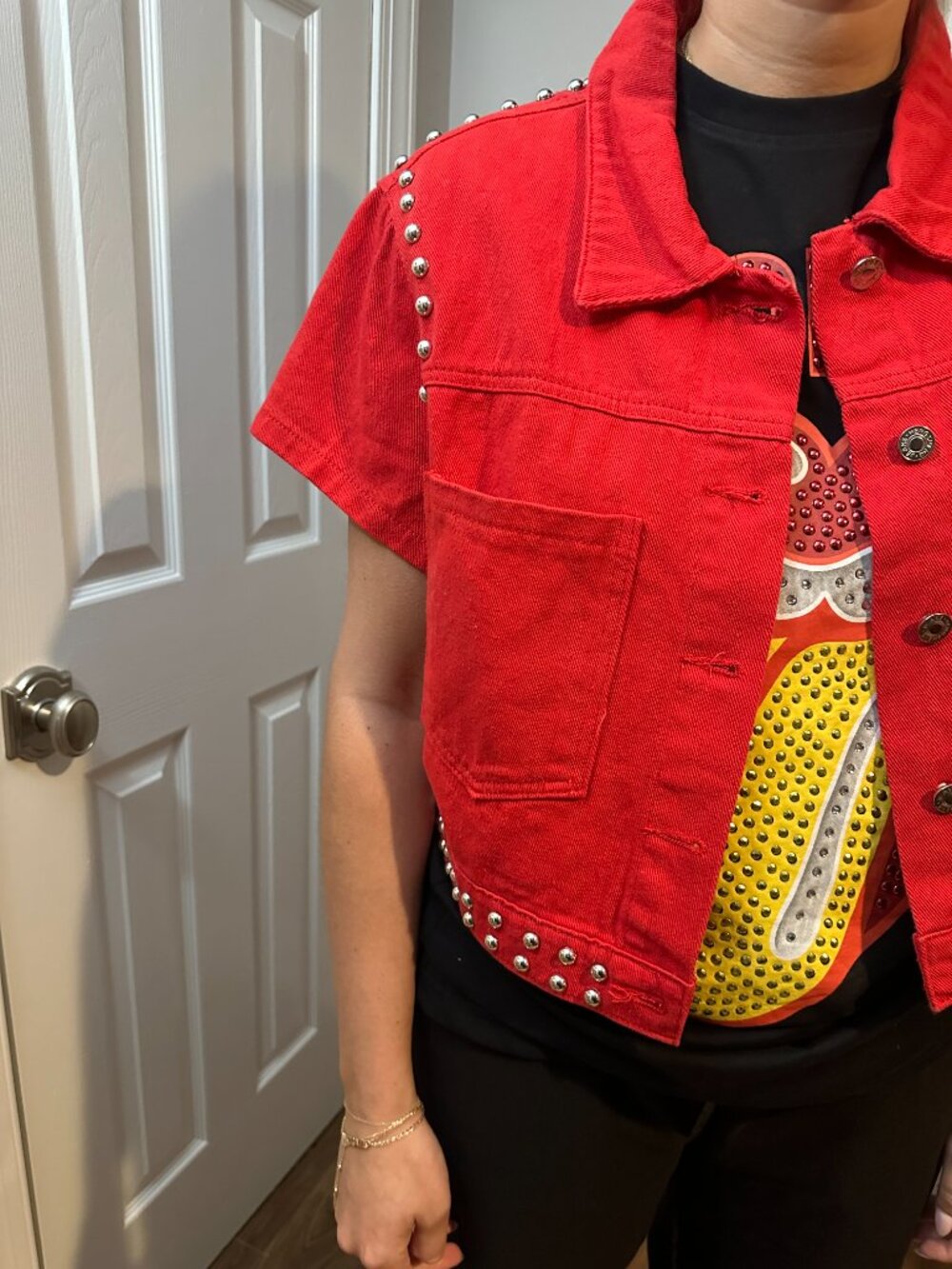 Red Short Sleeve Studded Jean Jacket with Rolling Stones Decal Logo - Picture 4 of 4